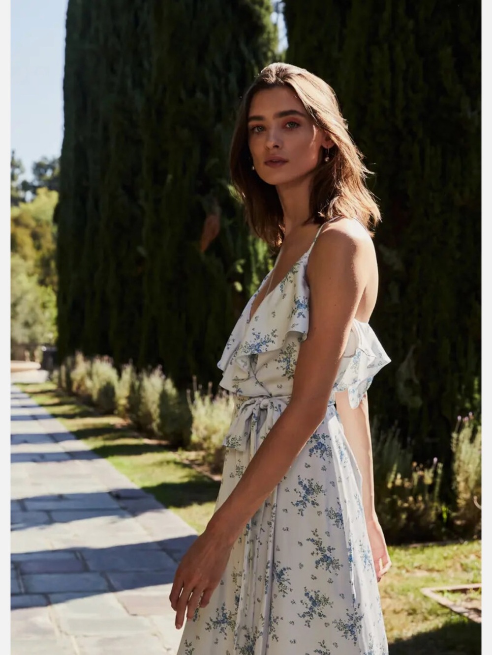 Ways Floral Ruffle Maxi Dress in Ivory & Light Blue